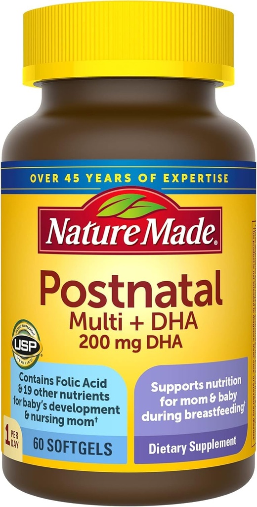自然制造的产后多维生素+DHA 200毫克,60软胶,用于支持哺乳期的哺乳母亲和婴儿,产后维生素和营养素包括铁,维生素D3,钙,碘