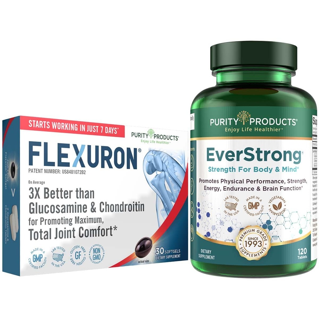 纯度产品包- Flexuron 联合公式 + EverStrong 片- Flexuron - Krill Oil, Hyaluronic Acid + Astaxanthin - EverStrong - 肌肉矩阵 Blend w/Creatine, 咖啡水果提取 + More