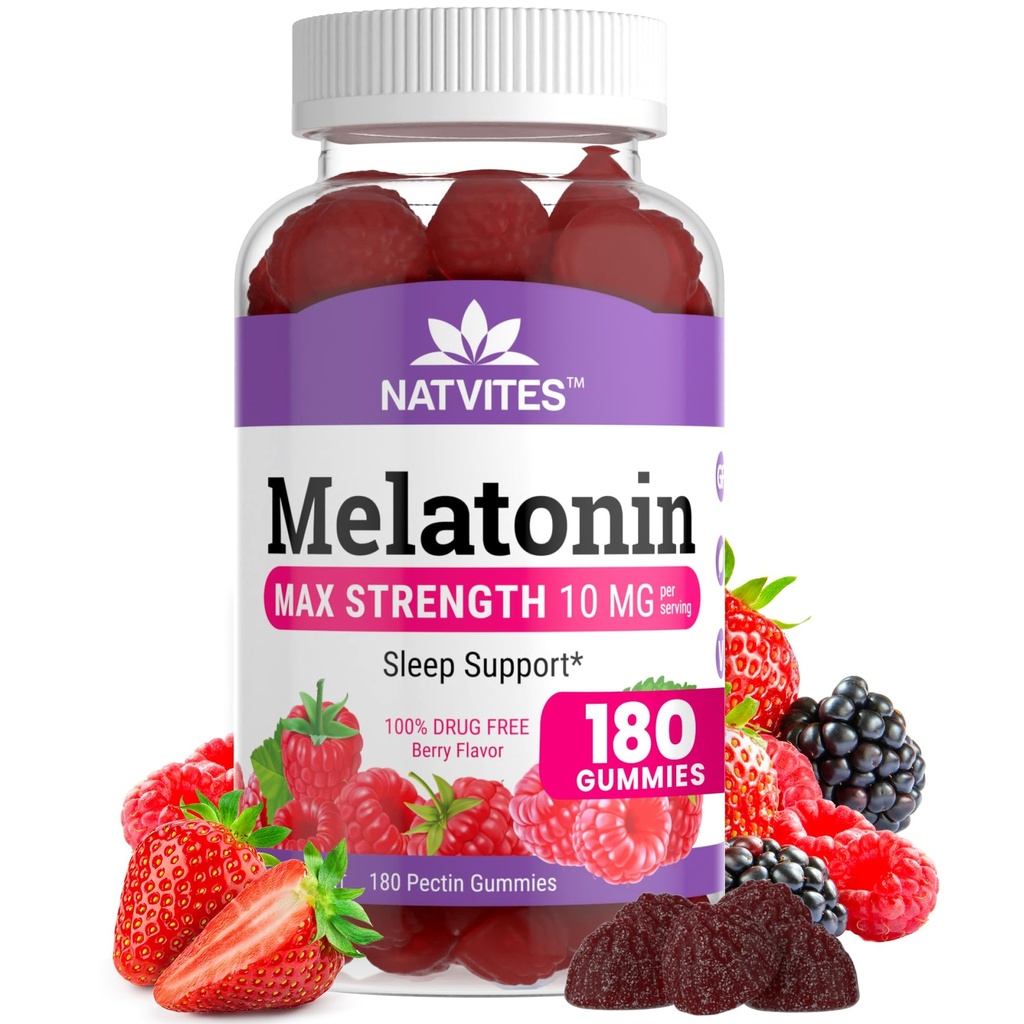 Melatonin Gummys Max Force 10mg Pectin Gummys, 帮助睡眠支持, Berry Flavor Gummy, 100%无毒品, 180 Counter (Pack of 1)