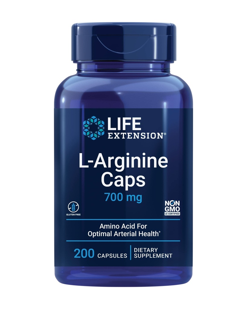 生命延伸 L-Arginine Caps, 700 mg, 维生素C和氨基酸促进最佳动脉健康, 支持心脏和免疫健康, 健康组织与骨骼, Gluten Free, 非GMO, 200 Capsules