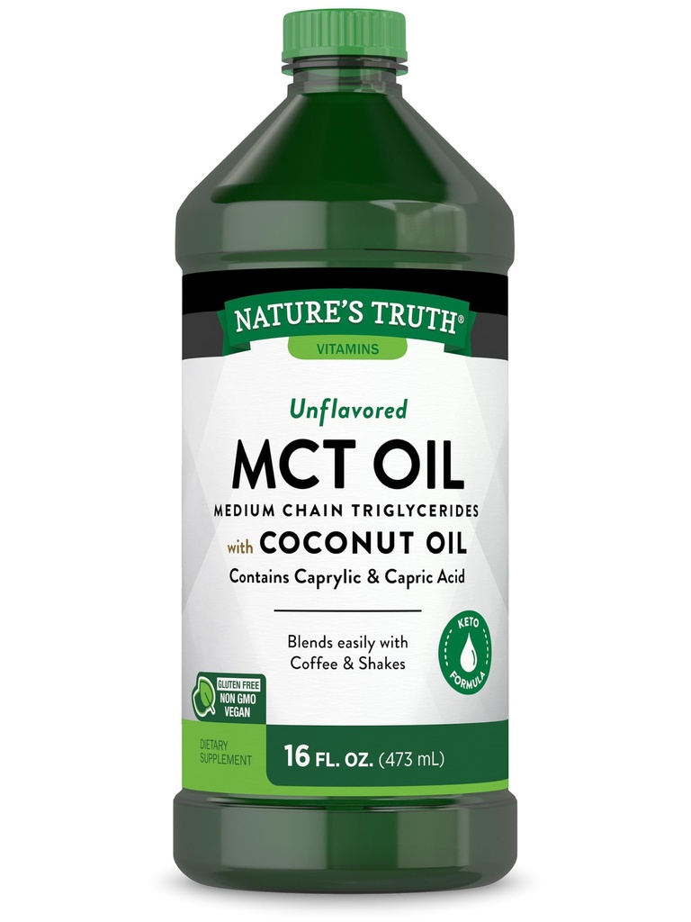 Nature's Truth MCT Oil QQ 16 fl. oz QQ Keto, 与椰子 Oil QQ Vegan, Non-GMO 和 Gluten Free Supplement 共同推出的无味公式.