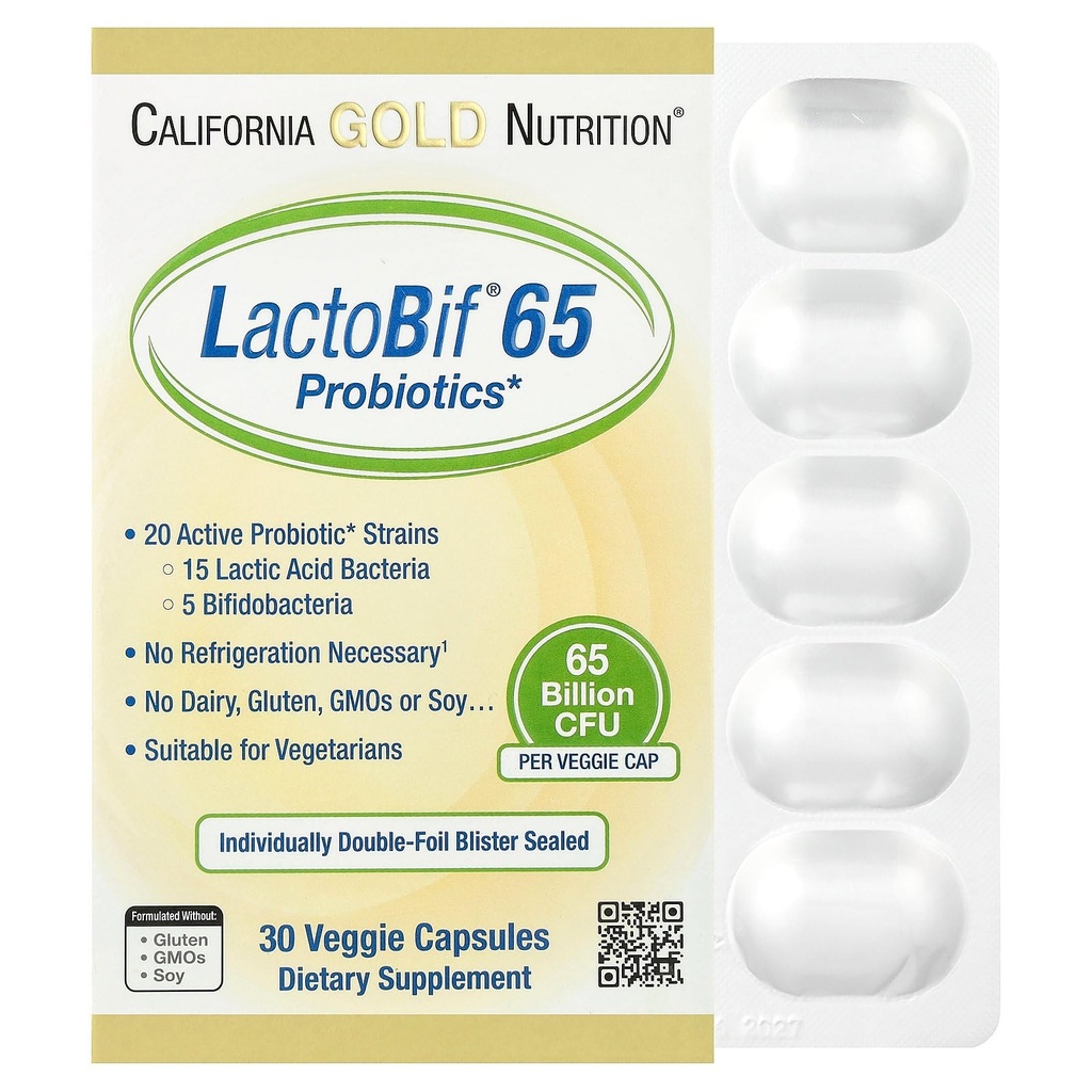 LactoBif Probiotics, 65 Bllion CPU, 20 活性与临床研究 Probiotic Strains, 无豆类,无糖类, 蔬菜类, 个人双油脂密封, 30 个 Veggie Capsules