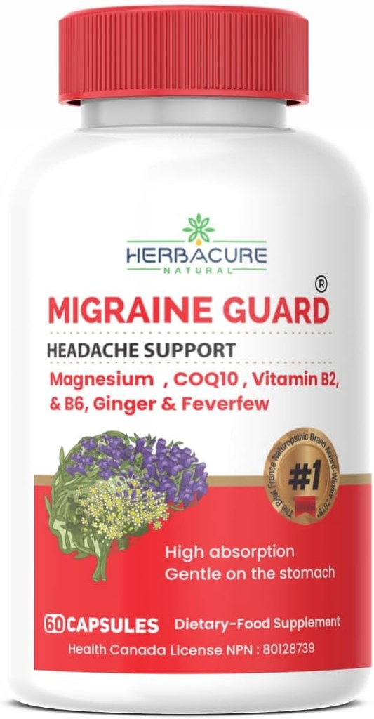 MIGRAINE Guard 新的米格雷因救济头痛预防,临床证明COQ10,VIT B2,VIT B6,Feverfew,GLYCINATE镁,Ginger,加拿大审判期间的特殊反应