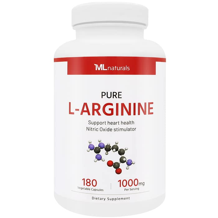 ML Naturals Pure L-Arginine 1000 mg 180 蔬菜胶囊. 氨基酸,氮氧化物刺激剂,以及支持心脏健康,NSF-Certification & cGMP-Compliant.