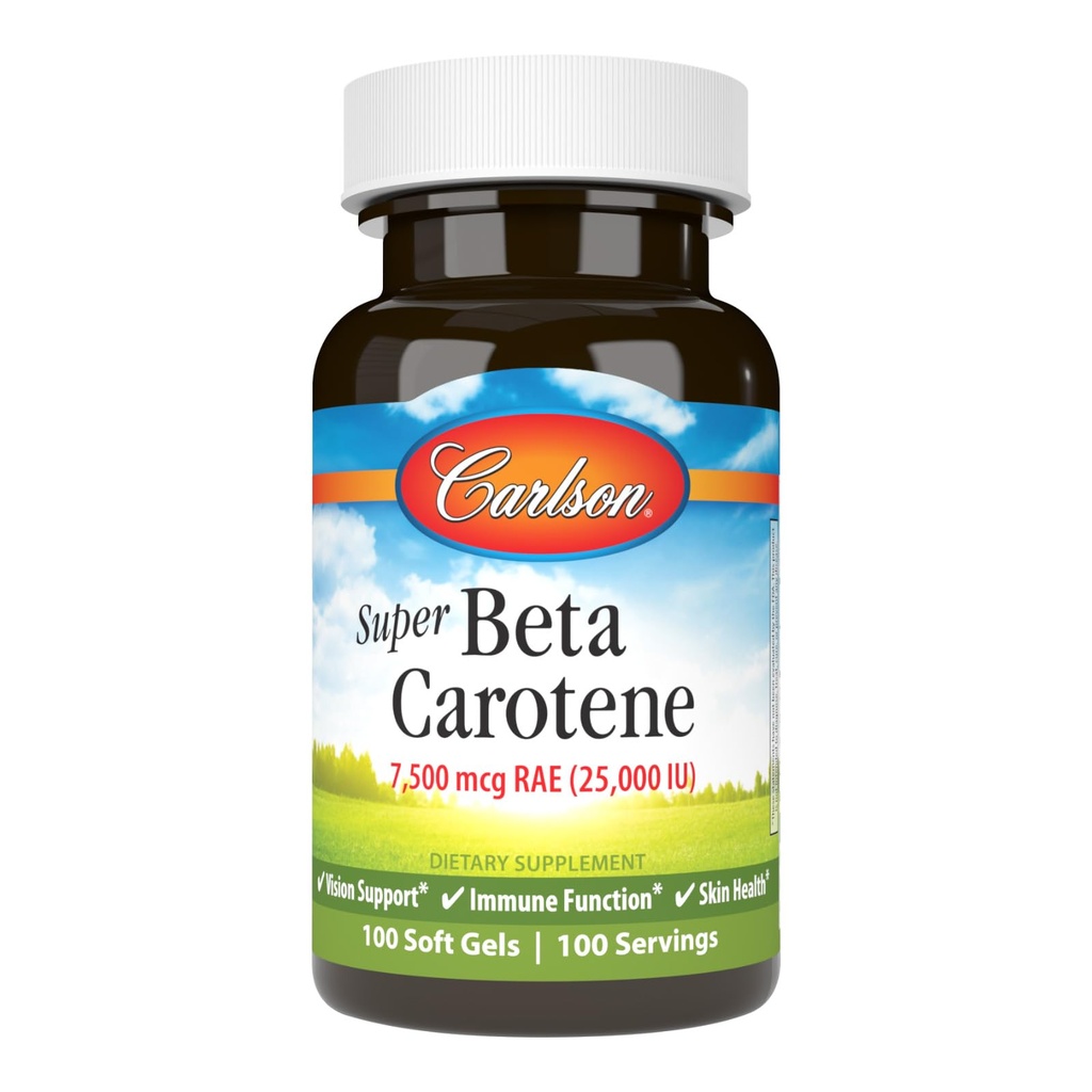 Carlson - 超Beta Carotene, 25000 IU(15毫克),维生素A作为Beta Carotene,生物可用性和生物活性形式,视觉健康,健康皮肤,100软胶