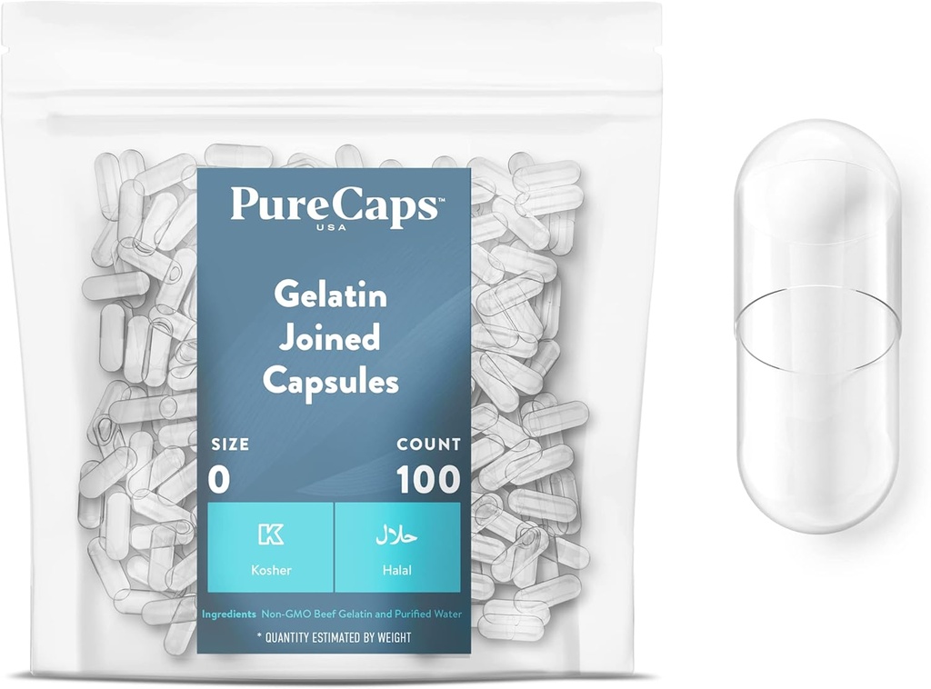 纯CapsUSA - 空的Gelatin Pill Capsules尺寸 0|100 加入Pills| Clear|n-GMO认证 | SLS, Gluten, 防腐自由