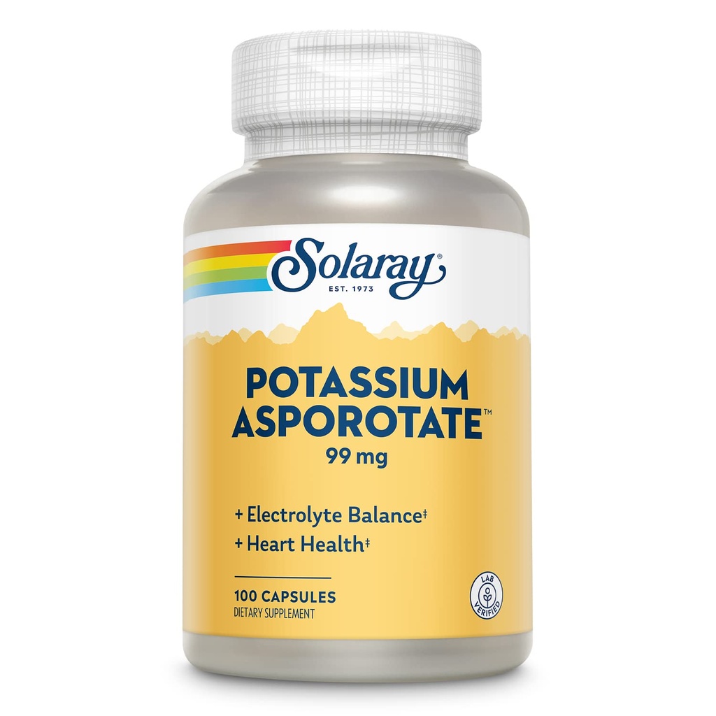 Solaray Potassium Asporotate Chelated 补充品,电解平衡和心脏健康支持,100名服务员,100名卡普尔