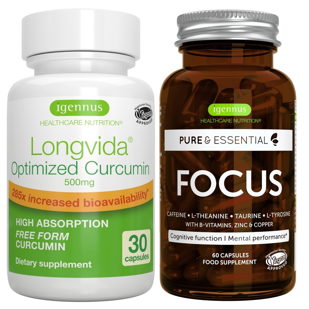 Longvida Lipided Curcumin 500mg + 聚焦脑促进器 Vegan Bundle, Ultra Bioblicable Curcumin + Cafeine, L-Theanine, Taurine & L-Tyrosine, B-维生素, 锌和铜, 由 Igennus 编写 .