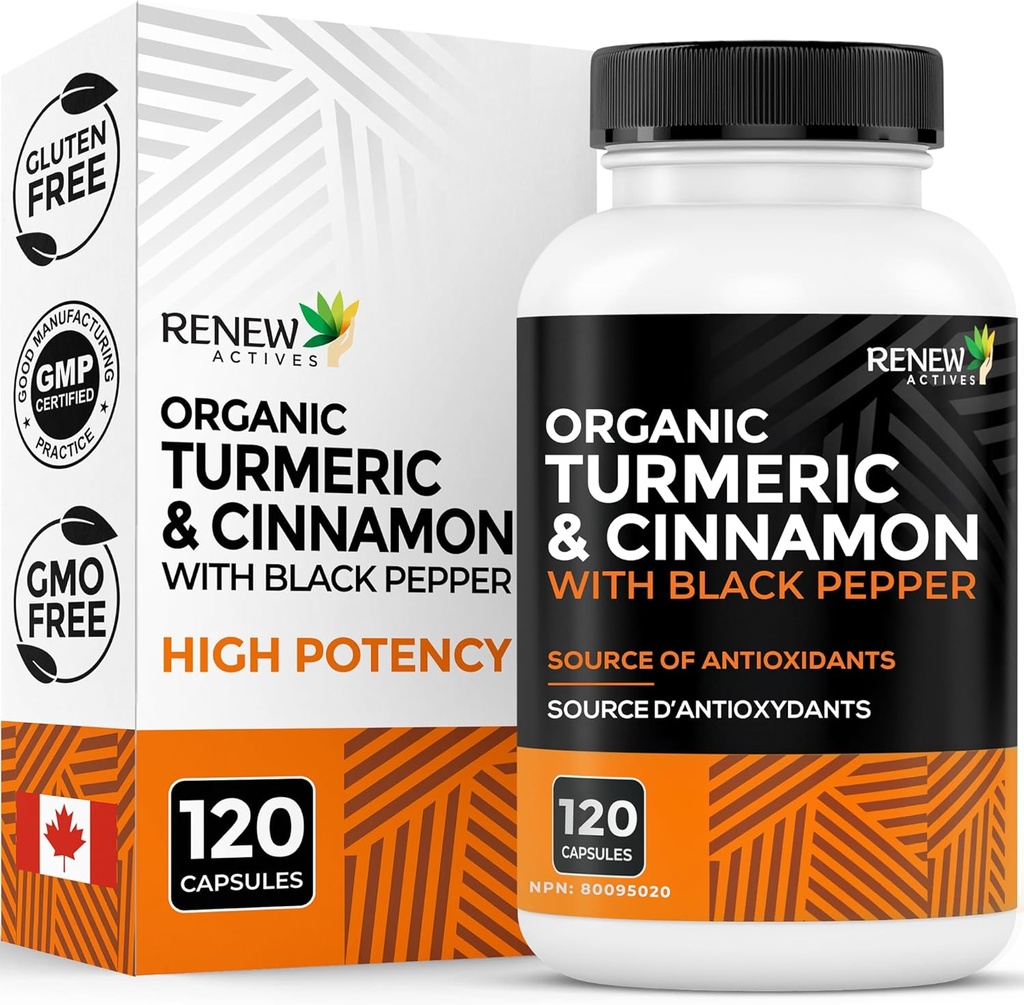 更新有机涡轮 474MG & Cinnamon 50MG / 2 Capsules – 带有 Curcumin & BioPerine 用于吸收 – 支持代谢,联合健康和文摘 – 加拿大制造 – 120 Capsules