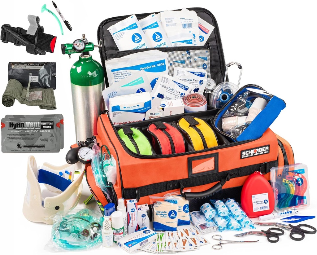 Scherber Fully-Stocked Premium First Responder Bag → HSA/FSA 批准 → 大型 Pro EMT/EMS 创伤、血液和氧气医疗箱 → CAT 止血带、HyFin胸章和260+急救用品(橙)
