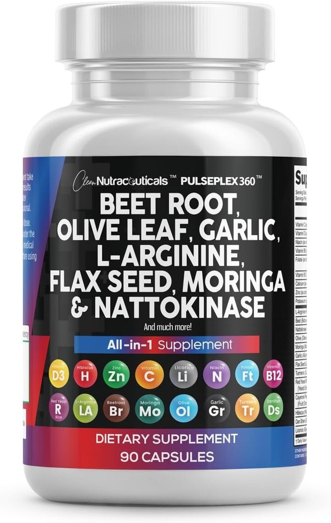 清洁营养素 甜菜根 Capsules 橄榄叶 Nattokinase 大蒜提取 L-Arginine Omega 3 红 Yeast Rice Hibiscus Danshen - 健康支持补充 - 90 Ct