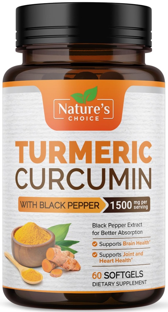 Turmeric Curcumin 补编 1500mg - BioPerine Black Pepper 提取高级吸附Curcuminoids for Natural's Joint Support - Antioxidant Herbal Supplement for Men和Men, Non-GMO - 60 Softgels (英语).