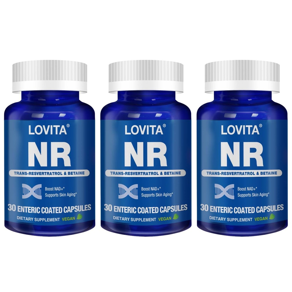Lovita NR (Nicotinamide Riboside) 350 mg, NAD 配有 Trans-Resveratrol 和 Betaine 的 NAD 补充, 推广 NAD 附加水平, 健康老化, 30 Vegan Enteric-Coed Capsules (Pack of 3)