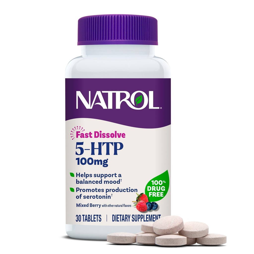 Natrol 5-HTP 100毫克,快速溶解补充剂,支持平衡的Mood,血清素生产和一般健康,30个混合莓片,最多30天供应