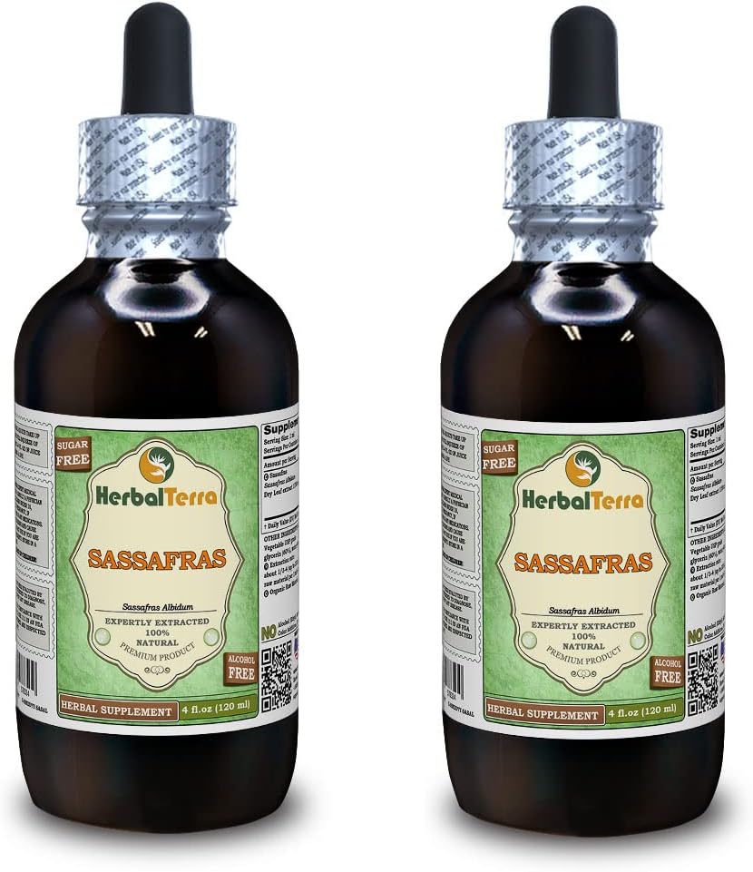 有机萨沙弗雷斯(英语:Sassafras Albidum) Glycerite,干叶无酒精液体提取物(Brand name:Herbalterra, Proudly Making in USA) 2x4 f.oz (2x120 ml)