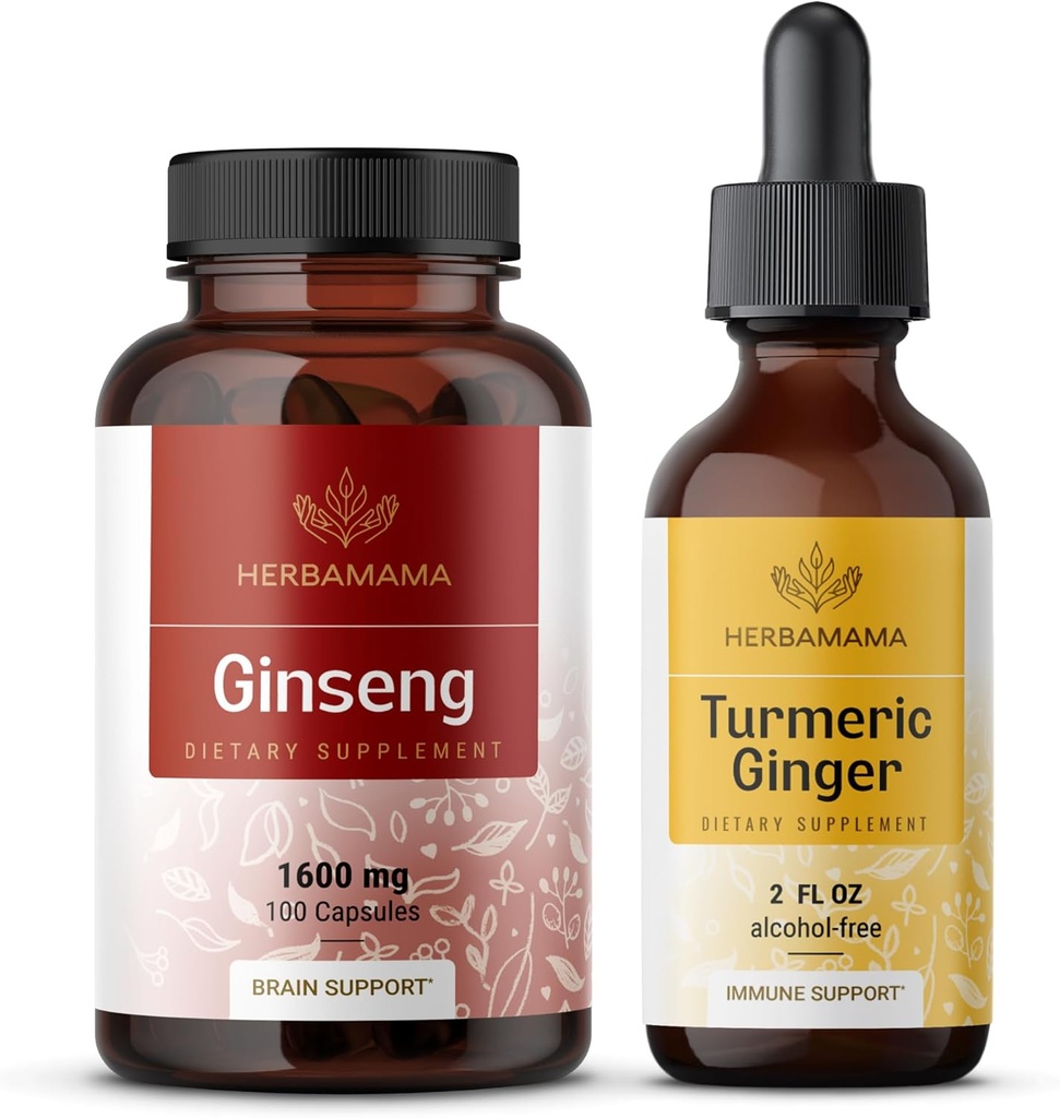 HERBAMAMA 韩国红金生姜和紫金生姜 Kit - 韩国Panax Ginsen Ginsules & Turmeric 姜液滴 - Vegan,非GMO,糖和无酒精 - 2包