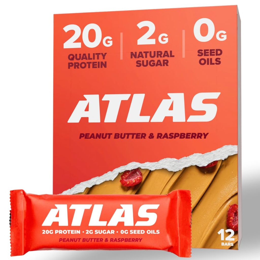 阿特拉斯蛋白棒,20g蛋白,1g糖,清洁成份,无胶(Peanut Butter Raspberry,12 Counter (Pack of 1))