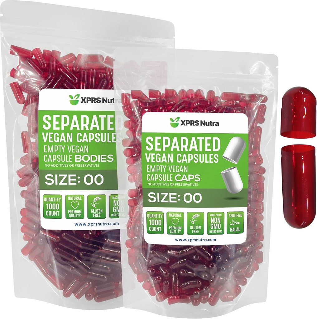 XPRS Nutra Vegan 大小 00 分离的顶盖 - 1000 个在袋中分离的 Premium 空顶盖 - 00 空顶盖 用于 DIY 补充填充(清红)