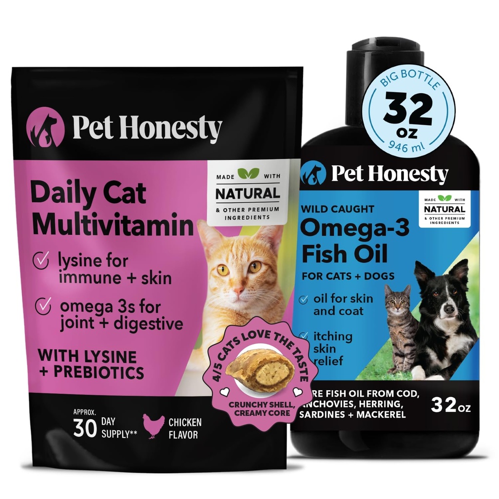 Cat Multivitamin Chews + Omega 3 Fish Oil Supplement for Dogs & Cats - 猫对健康、免疫、联合支持、皮肤和大衣、文摘和总体健康-鸡肉(30天供应)