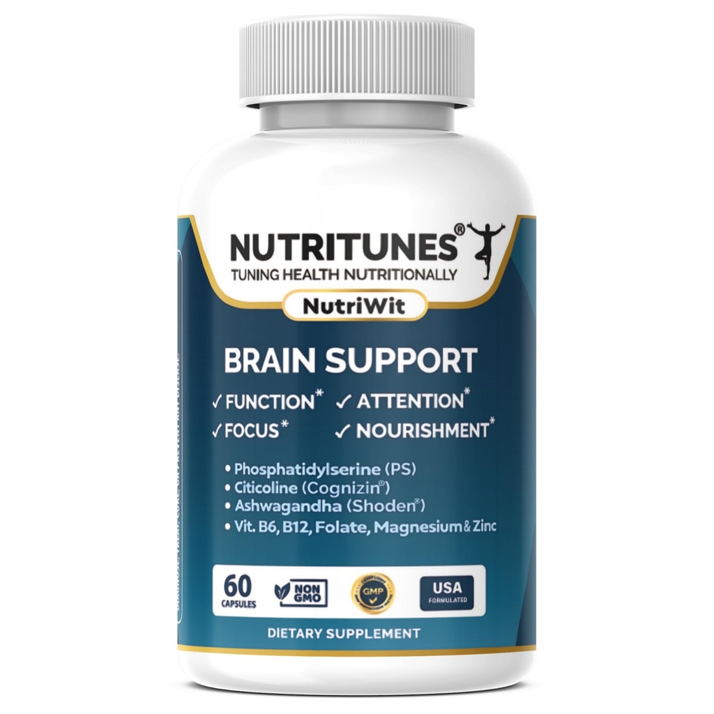 脑健康补编-记忆、焦点和脑营养支持,配有Cognizin Citicoline、Phosphatidylserine、Shoden Ashwagandha、B维生素、镁和锌-60 NutriWit Capsules