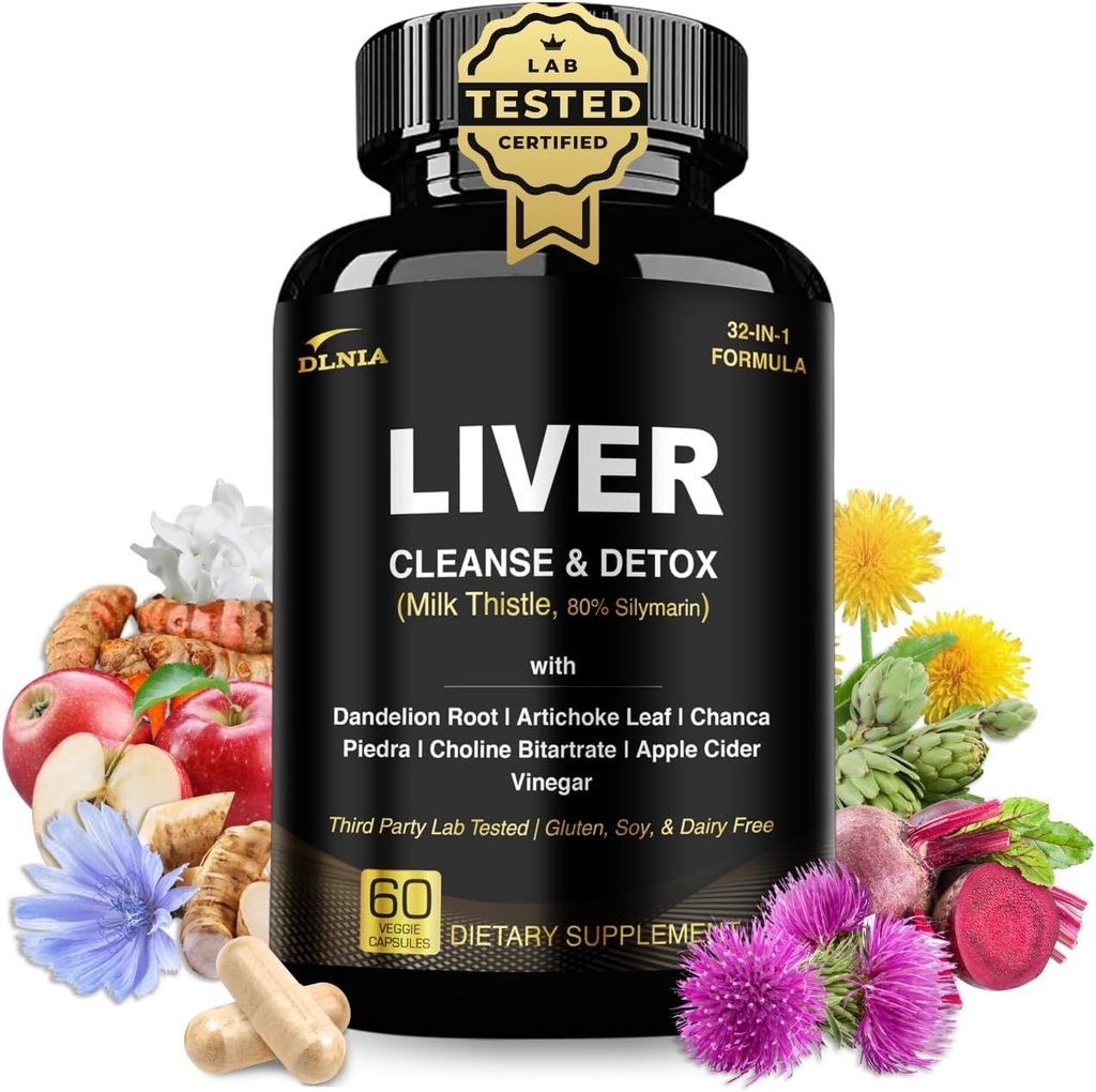 1 liver Cleanse Detox & 修理公式中的32个,配有 Apple Cider Vinegar, Milk Thetle 补编, Artichoke, Dandelion Root 补编 - Non-GMO & Vegan Herbal Liver 支持与修理