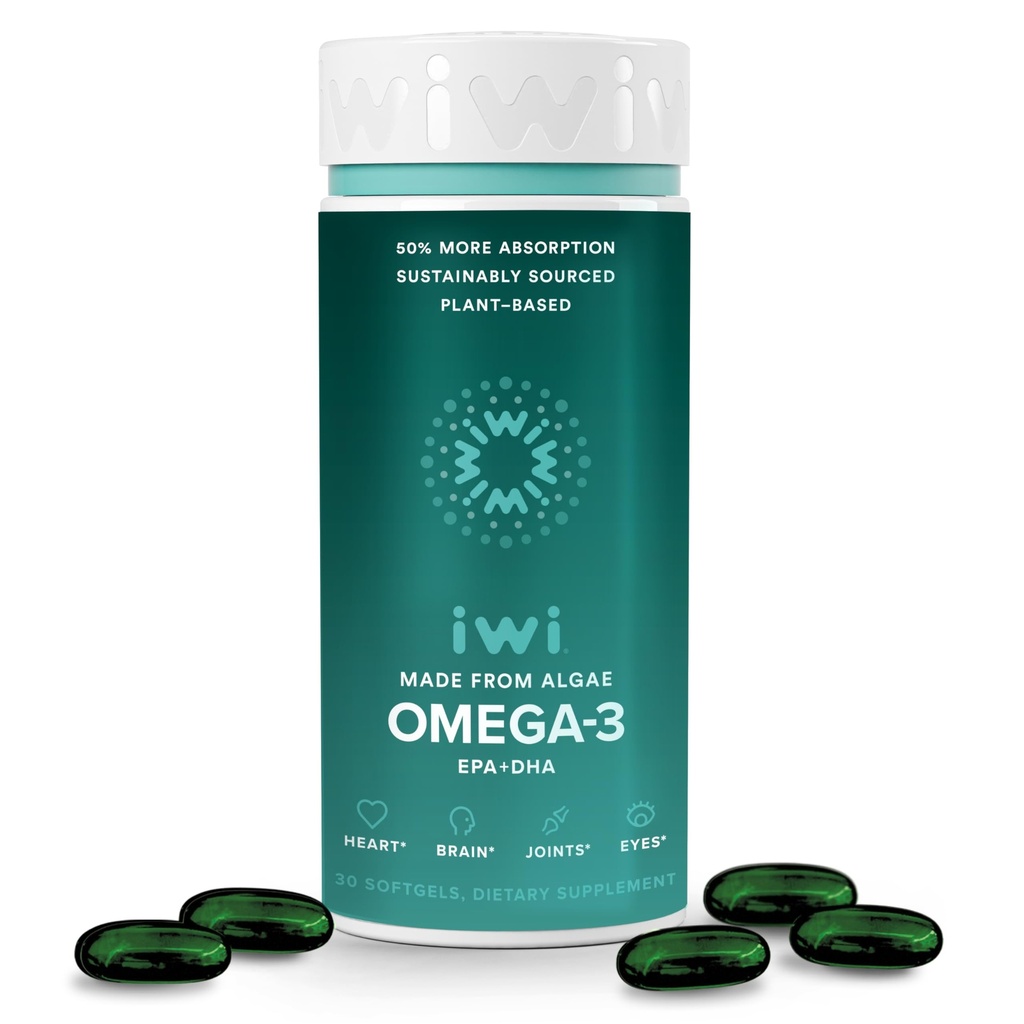 Iwi Omega-3, 30种软胶(30种服务),Vegan Plant-Plant-Algae Omega 3,配有EPA + DHA,全Body辅助饮食补充,Krill & Fish油替代品,无鱼味余味