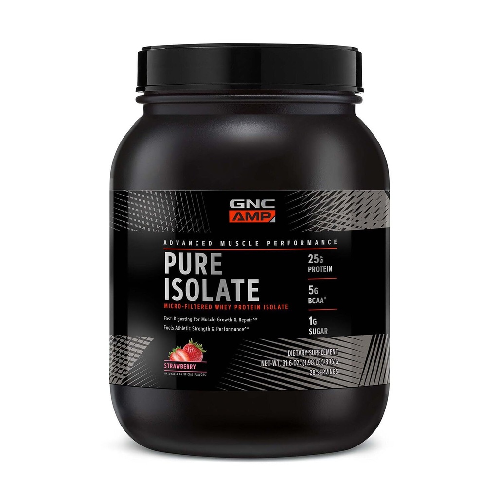 GNC AMP 纯隔热蛋白粉、肌肉生长、恢复、性能、25g蛋白、5g BCAA、1g 糖、130卡路里或小于、第3党测试、Gluten Free、草莓、28 SVG