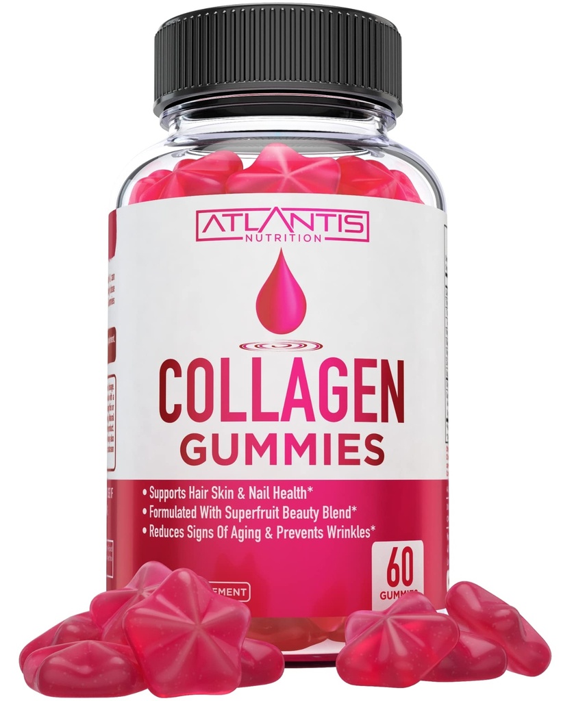亚特兰蒂斯营养Collagen Peptides Gummys for Women - 与类型I & III- 维生素和超果美容 混合- 用于支持头发,钉子和皮肤健康 QQ 60 Count