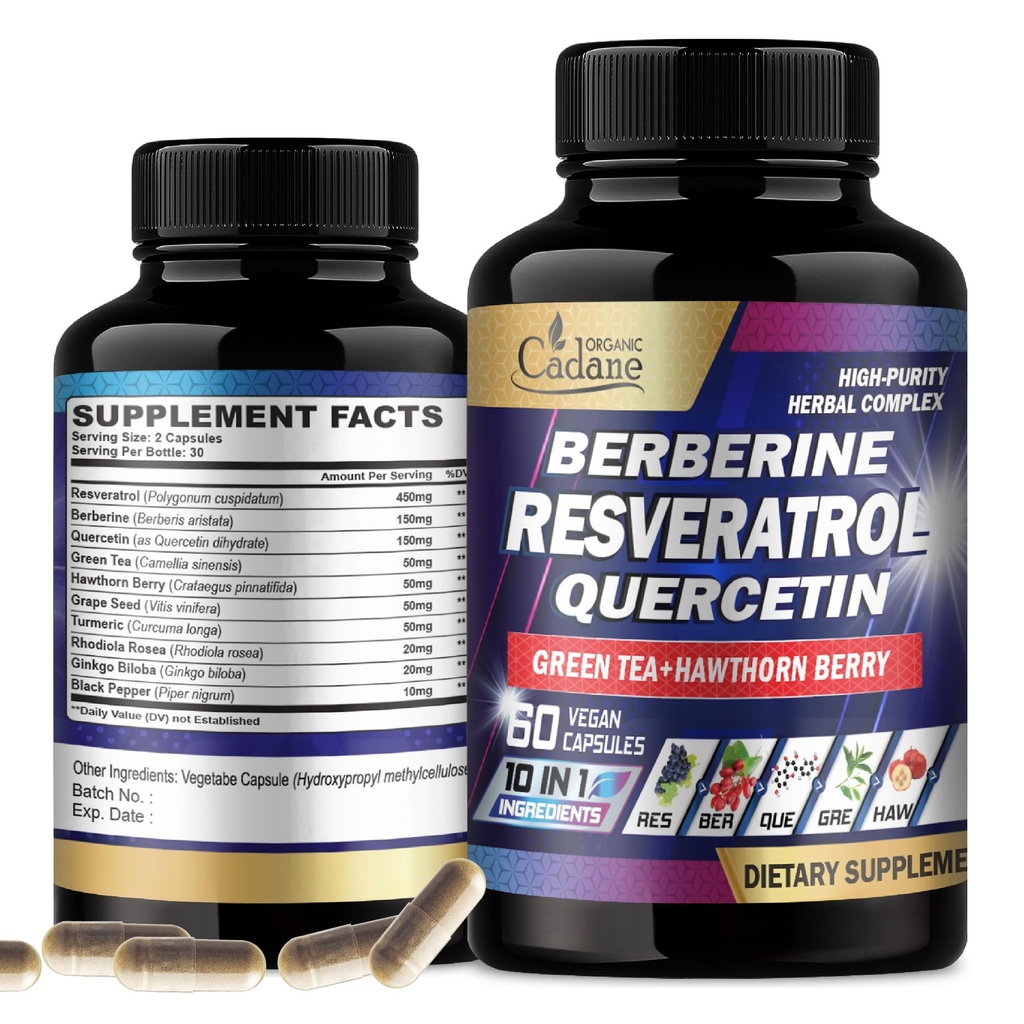 Cadane Resveratrol 补编 - 10in1 附加 Quercetin、柏柏林、绿茶、葡萄种子、Hawthorn Berry、Turmeric、Rhodiola Rosea、Ginkgo Biloba和黑辣椒 - 60 Capsules