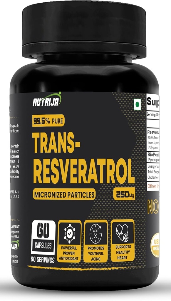 Trans Resveratrol 250MG Capsules - 99.5% 纯微量化和高度生物可用性补充 | 减慢衰老,证明强抗氧化剂 | 改善代谢和心脏健康(120 Capsules)