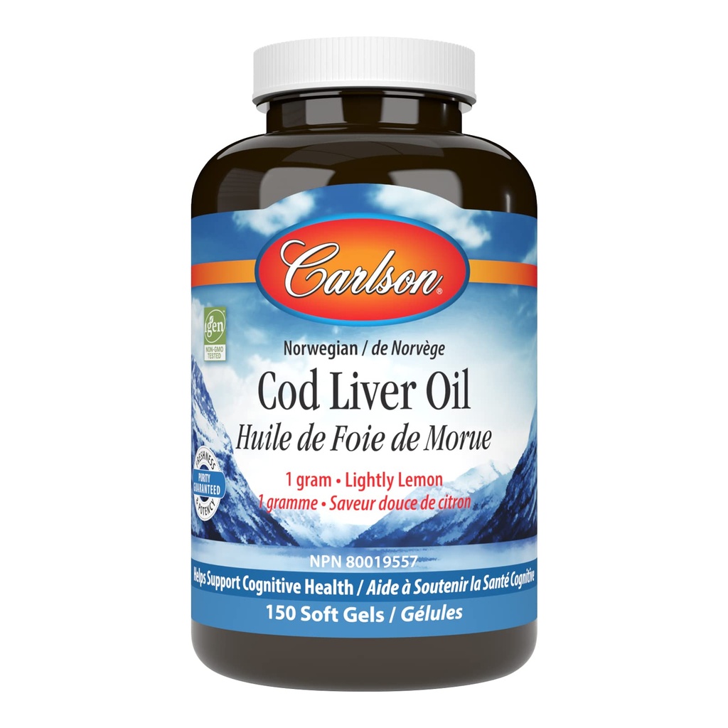 Carlson - Cod Liver Oil Gems,460 mg Omega-3s + 维生素A & D3,Wild-Caught 挪威北极Cod-Liver Oil,可持续来源的北欧鱼油盖,柠檬,150软宝石