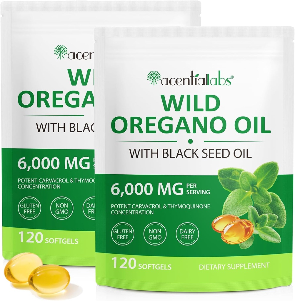 Oregano Softgels 6000mg 2 Pack, 2 in 1 配以黑种子油 120 计数, Oregano Oil Capsules 有机油, Oregano Softgels 的 Gluten 自由油, 非 GMO 和 Immune 支持