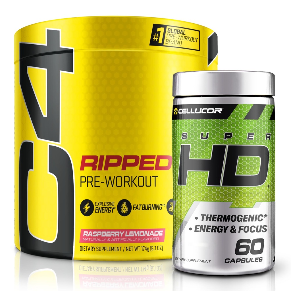 C4 Riped & SuperHD, Theermogenic Bundle, C4 Riped Pre Workout Powder, Raspberry Lemonade 30 配有 Capsimax 和 Green Tea 提取器的 + SuperHD, 60 配有