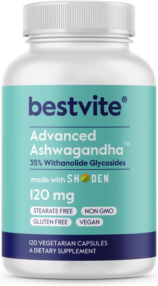 BESTVITE 高级 Ashwagandha 120 mg w/Shoden(120 蔬菜卡普尔斯) - 临床研究 包含工业 35% Withanolide Glycosides - 无 Stearates - Vegan - 非 GMO - Gluten Free