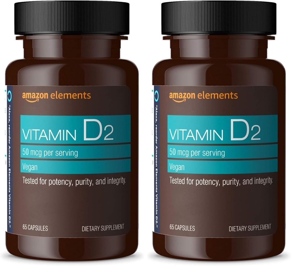 维生素D2 2000 IU、Vegan、65 Capsules、支持强骨和免疫健康,2个月供应(包5月Vary)(包2)