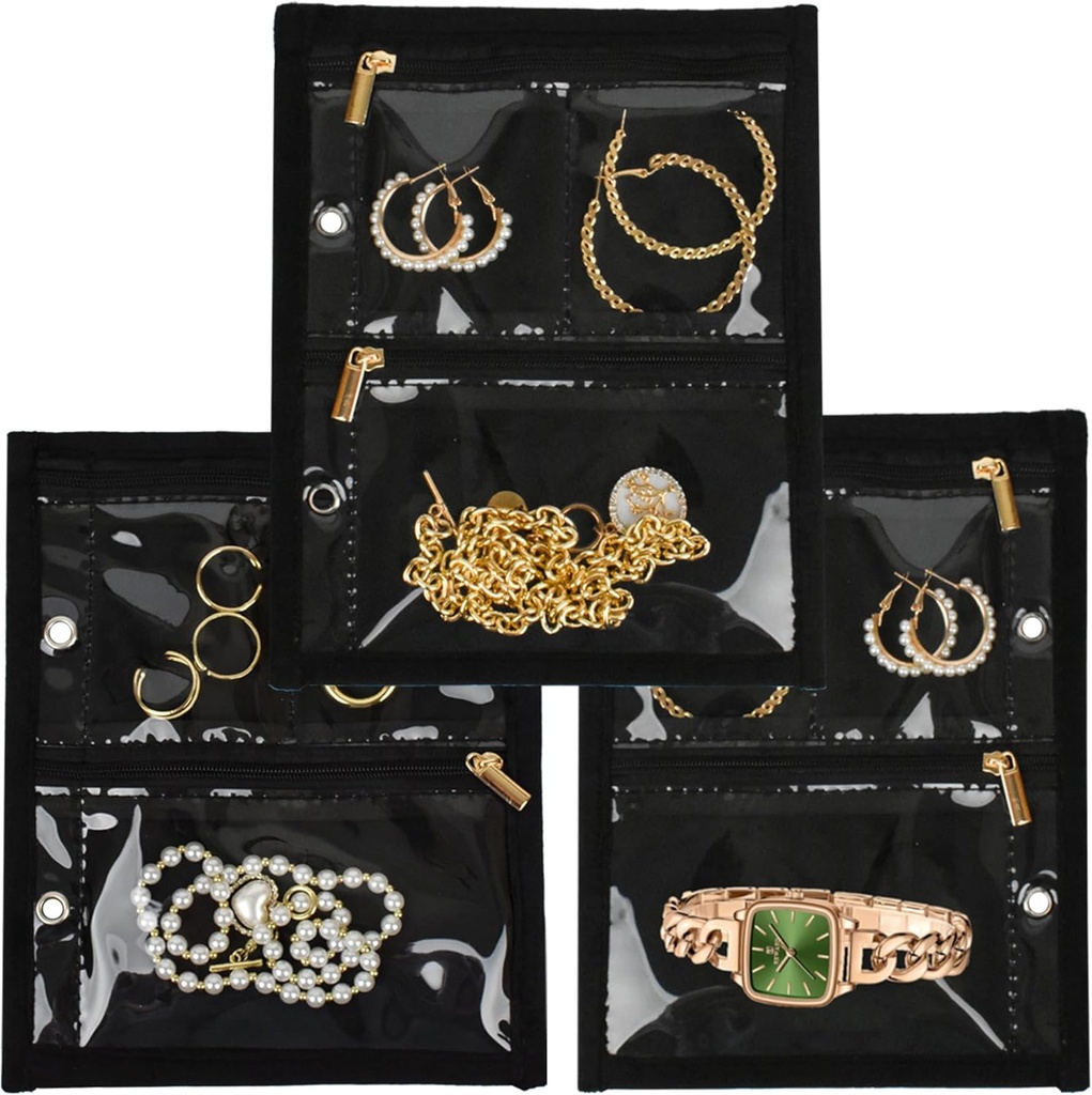 旅行珠宝组织者案,Jewelry Bags 珠宝存储簿 Binder,带有Clear Zipper Velvet 邮袋用于旅行,Earrings, Rings, Necklace,Bracelet(内页,3 PCS)