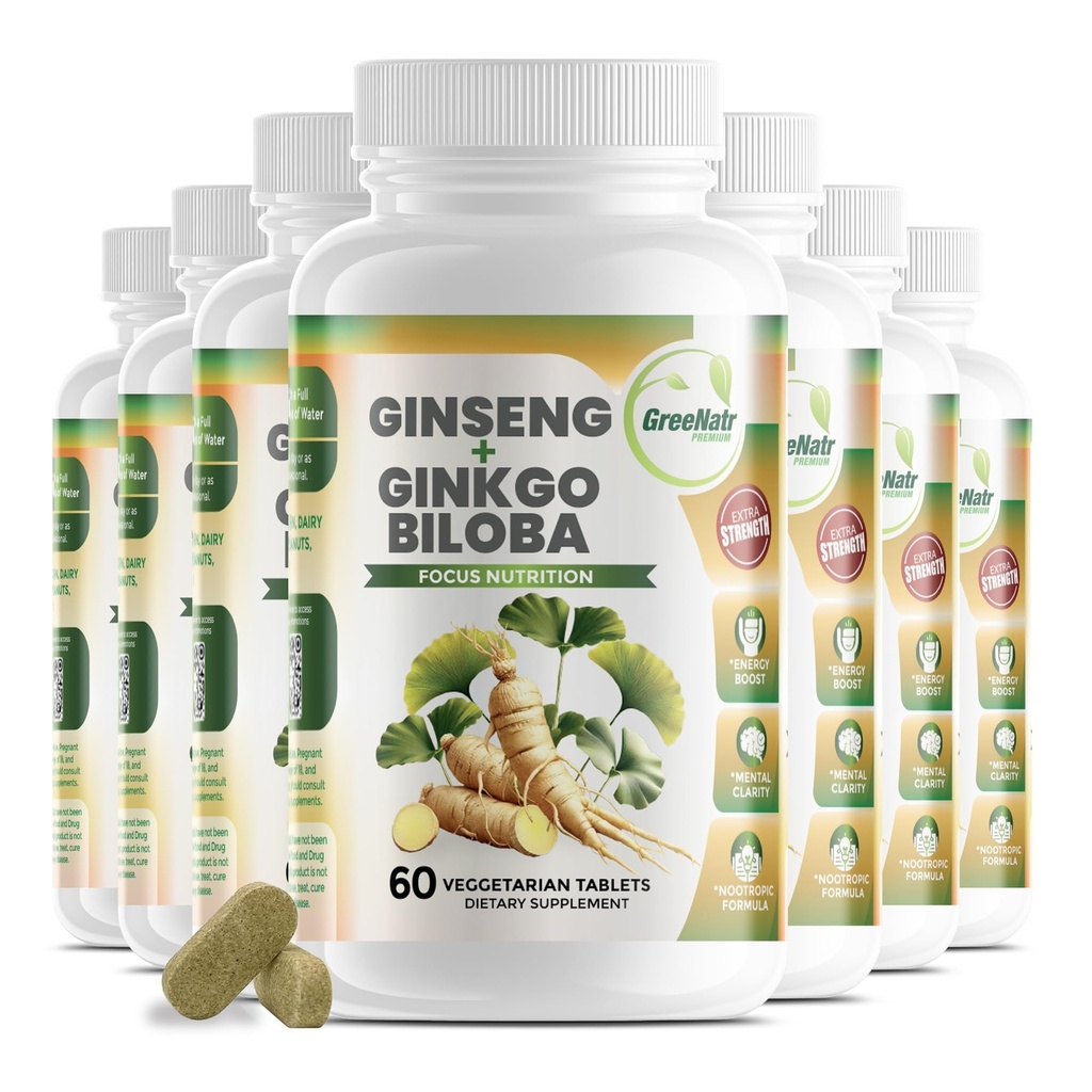 GreeNatr Ginko Biloba & Panax Ginseng 补编 - Red Ginseng Brain 补充记忆和焦点 - Ginkgo Biloba 补充美好视野、免疫系统和改进血液流动 - 12瓶