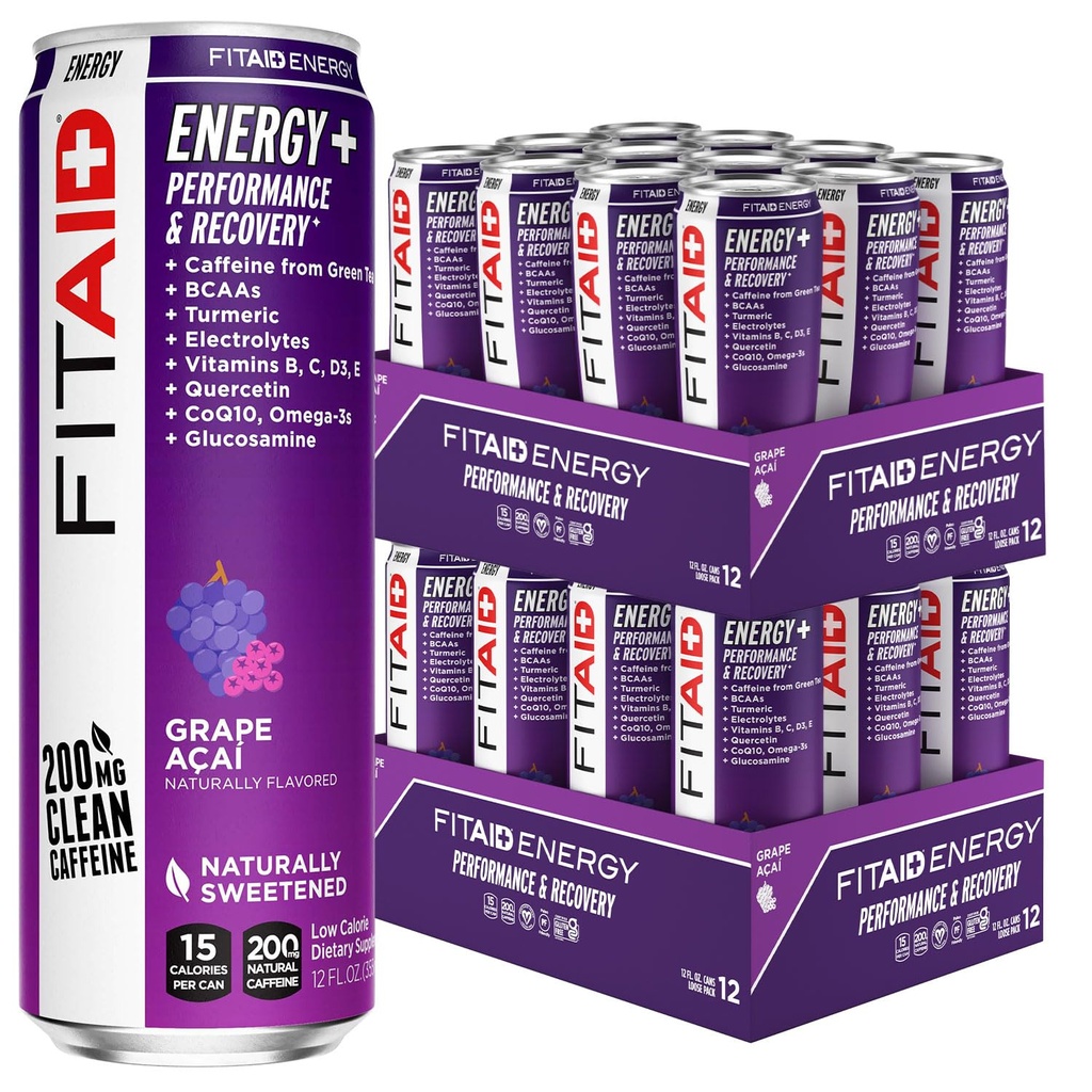 LifeAID FITAID 能源葡萄 AčAI, 200mg 天然咖啡因, Keto, 工作前性能: BCAAs, Quercetin, 电解质, Omega-3s, 15 Calories, Paleo, Vegan & Gluten-Free, 12-oz (24页)