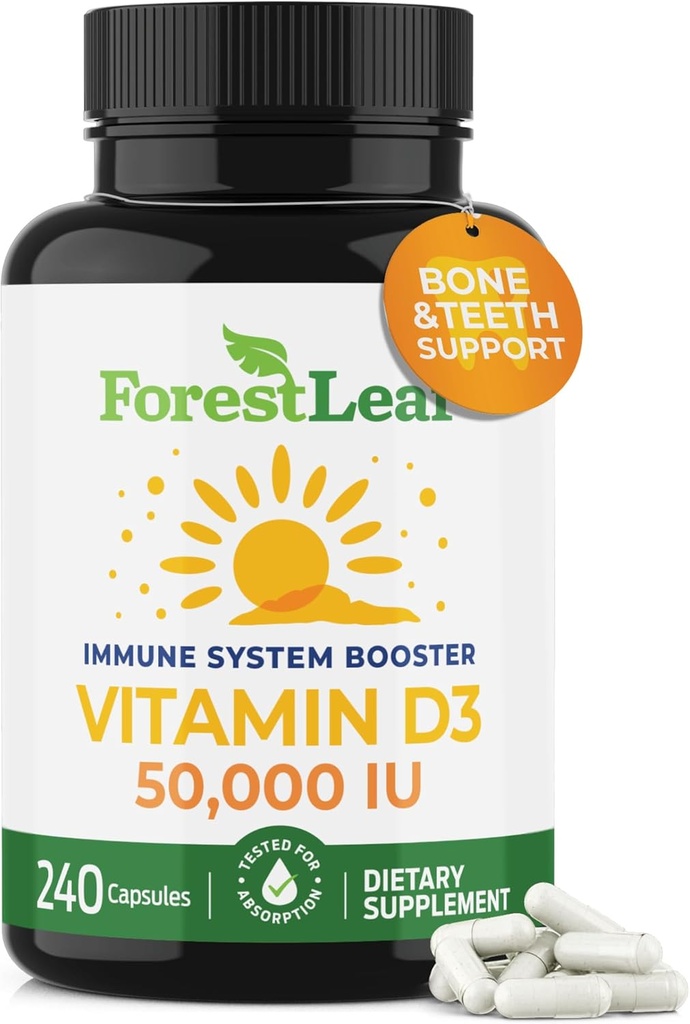 Forest Leaf Vitamin D3 50 000 IU VIT D - VIT D3 Vitamin D 女性和男性的补充 – Bone Health, Teeth, Immune Support – Easy to Sillow Pills – GreatPotency Weekly Dose, 4年供给, 240 Caps