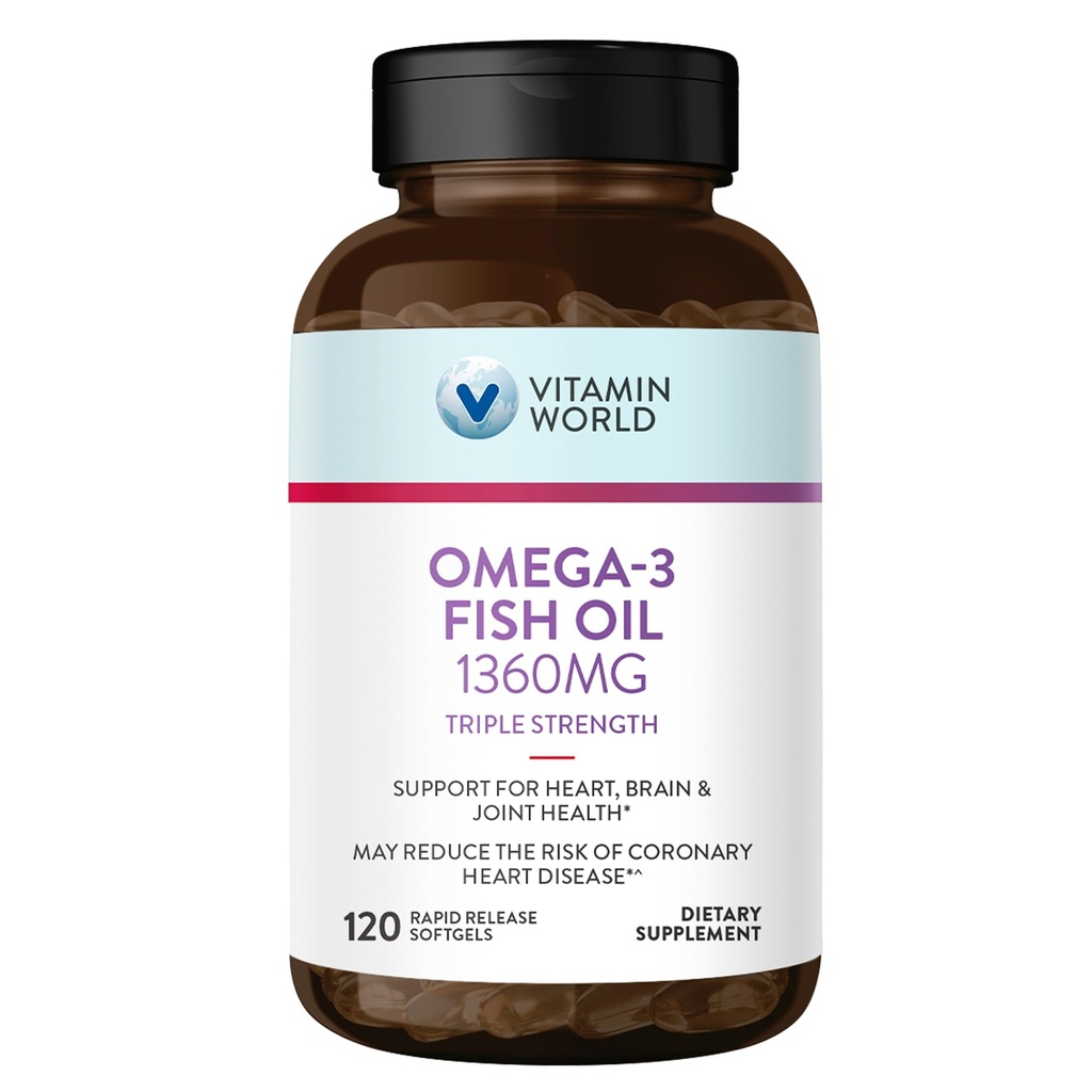 维生素世界三强Omega 3 鱼油 1360 mg 补充,950 mg 活Omega-3 脂肪酸与EPA & DHA,支持心,脑和联合健康,Gluten Free,120 Softgels,4个月供应