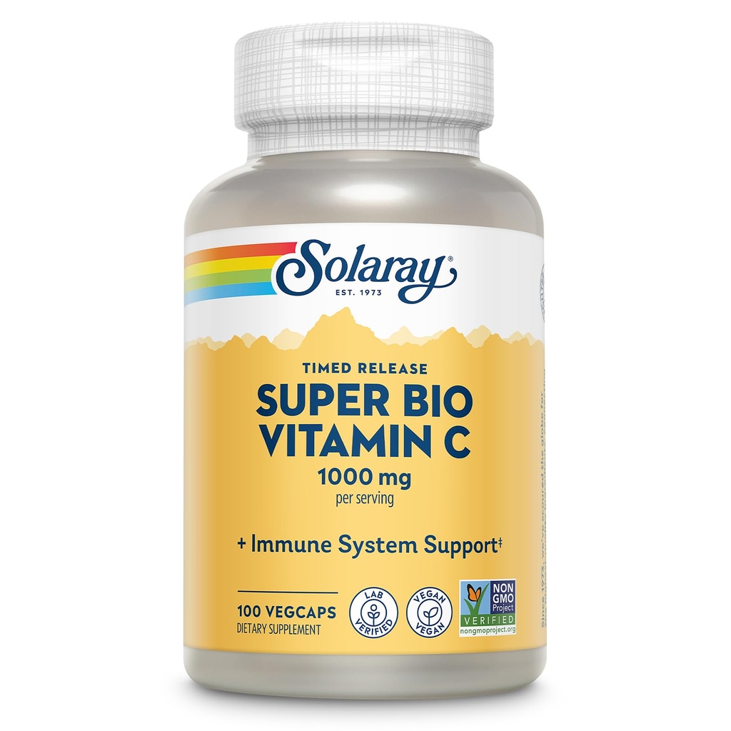 SOLARAY 超级生物缓冲维生素C 1000mg,双链,有生物氟化物的定时释放维生素C,免疫支持补充-高吸收,维干,60日保障,50服,100VegCaps