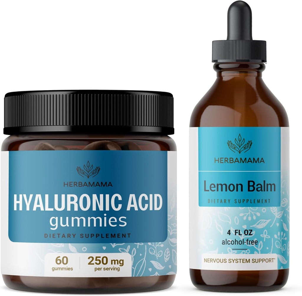 HERBAMAMA Hyaluronic Acid and Lemon Balm Kit - 250毫克 Hyaluronic Acid Gummys & Lemon Balm Leaf 提取 4 fl oz - Vegan,非GMO,无酒精 - 2 包装