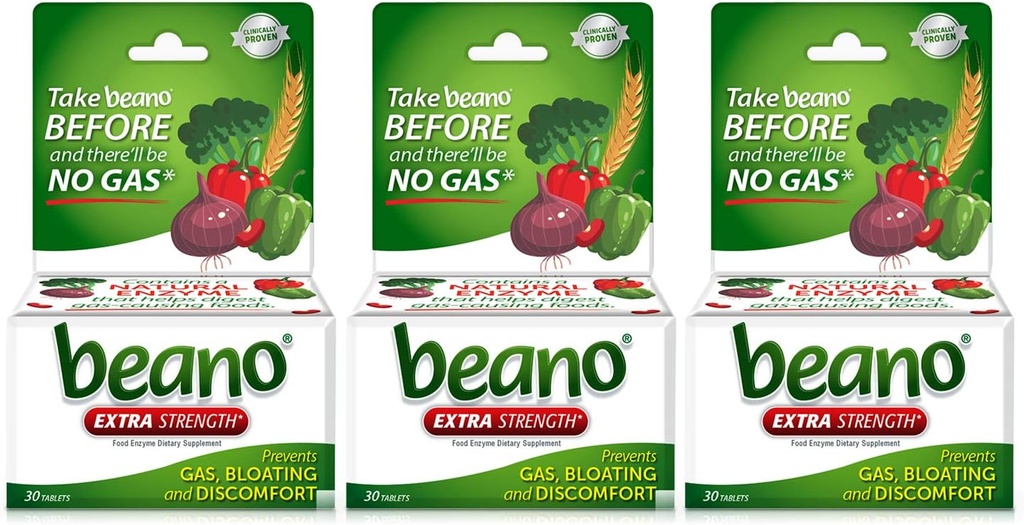 Beano Extra 力量, 消化酶补充, 防止气体, 凝聚和不适( Package May Vary) 30 Counts Each (Pack of 3)
