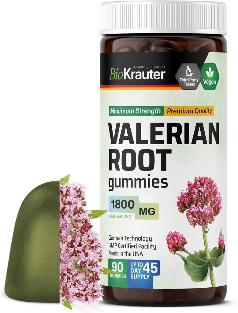 BIO KRAUTER 瓦莱里安根胶 - 1800 mg 强度 - 90 Vegan Chews - 无梅拉托宁 - 支持放松和冷静 - 瓦莱里安根胶 - 提取