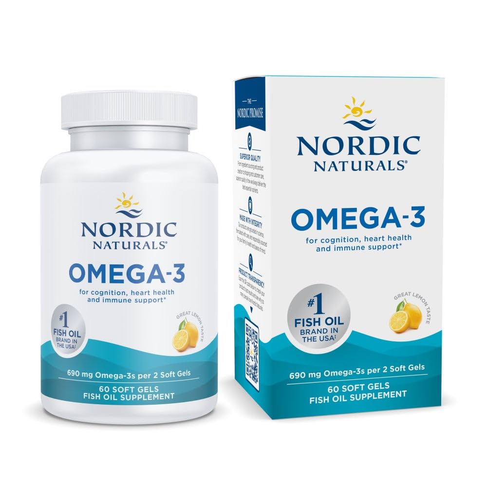 北欧自然学Omega-3,柠檬火焰 - 60 软宝石 - 690 mg Omega-3 - 鱼油 - EPA & DHA - 免疫支持,脑和心脏健康,最佳健康 - 非GMO - 30 服务