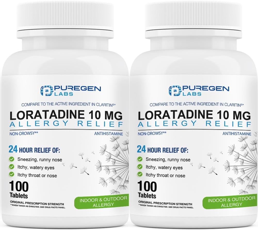 纯基因实验室过敏治疗,Loratadine 10mg,100平方块 – 24小时无醉安非他明过敏药用于Runny Nose,喷嚏,Ichy,水眼(2)