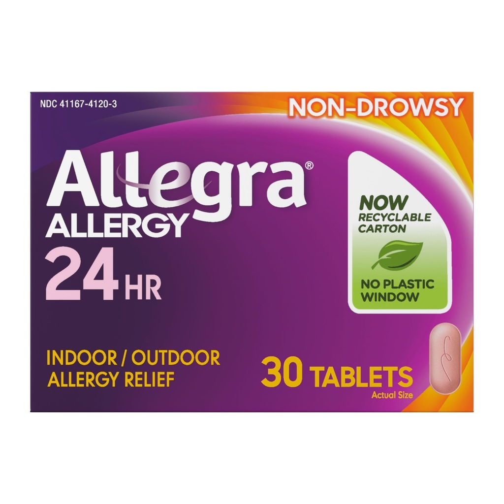 Allegra 成人24小时过敏药片、非昏睡室内和室外过敏药片、180毫克Fexofenadine HCI 抗希斯泰胺药片、30个国家