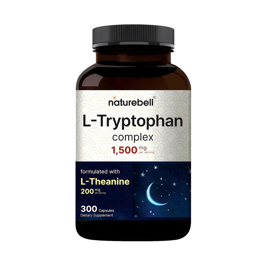 NatureBell L Tryptophan 1300mg 配有 L Theanine 200mg, 300 Capsules QQ 活动自由形态, 植物补充 – 平静公式, 支持放松 – 非 GMO & No Gluten