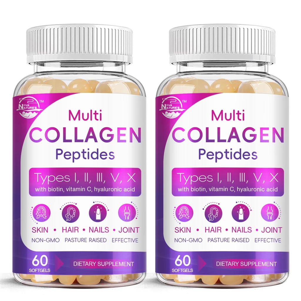 多Collagen Peptides Softgel - I型,II型,III型,V型,X型 - 水解Collagen Peptides with Biotin,维生素C,Hyaluronic酸,支持皮毛钉,草-Fed,N-GMO,60 Softgel,2 Pack