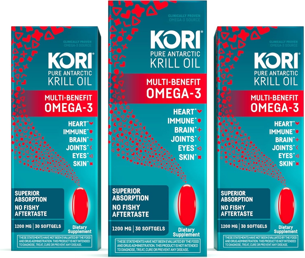 Kori Krill Oly Omega 3 补充材料,南极磷虾油与鱼类油,1 200mg软胶,30 Softgel, EPA & DHA (Pack of 3)